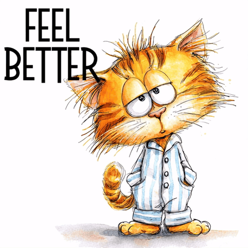 Cartoon Cat in Pajamas Saying Feel Better