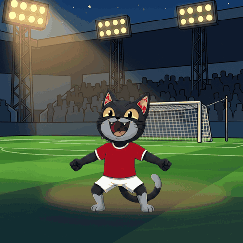 Cartoon Cat in Red Shirt and White Shorts on Soccer Field