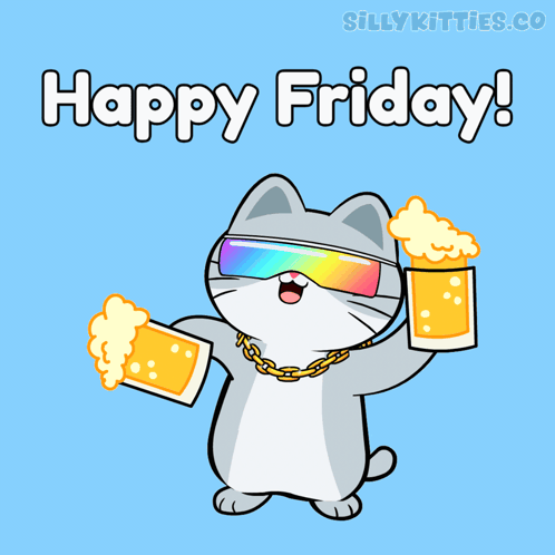 Cartoon Cat in Sunglasses Holding Two Beers Happy Friday