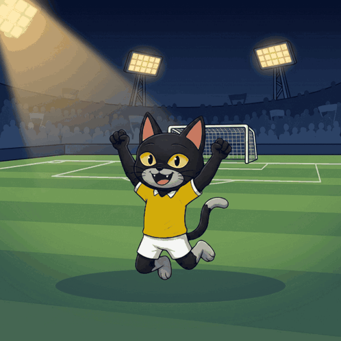 Cartoon Cat in Yellow Shirt and Shorts Jumping