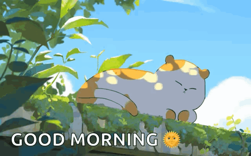 Cartoon Cat Laying on Ledge Saying Good Morning