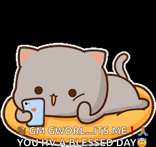 Cartoon Cat Laying on Pillow Looking at Phone