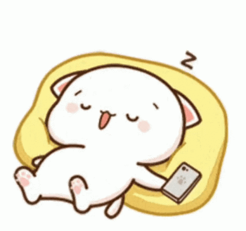 Cartoon Cat Looking at Phone on Pillow