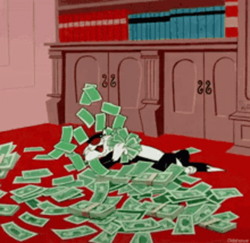 Cartoon Cat Lying On Pile Of Money GIF