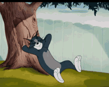 Cartoon Cat Lying Under Tree Hands Behind Head GIF