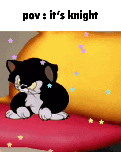 Cartoon Cat on Red Pillow Saying Pov It's Knight