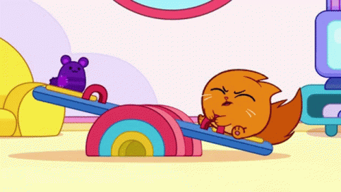 Cartoon Cat On Seesaw With Purple Mouse GIF