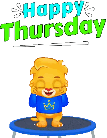Cartoon Cat on Trampoline Happy Thursday