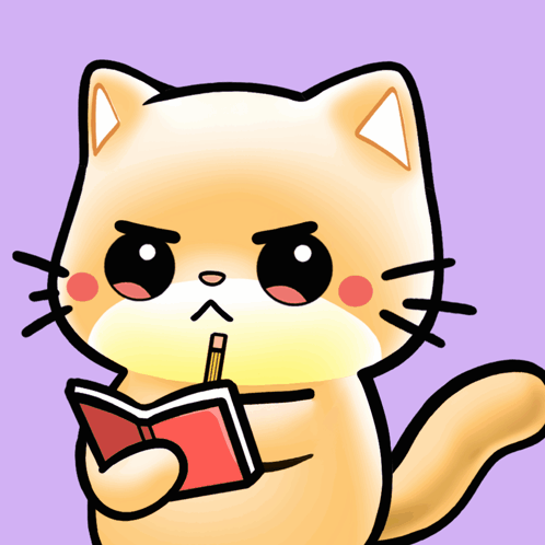 Cartoon Cat Reading Book and Holding Pencil