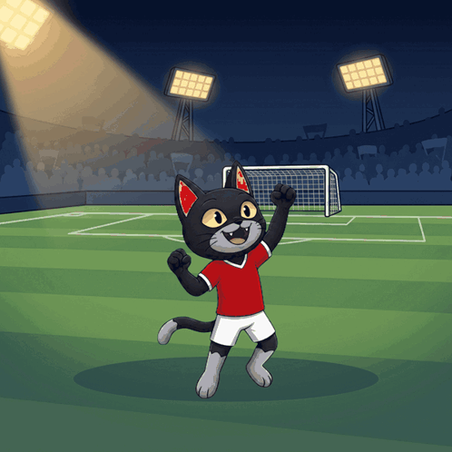 Cartoon Cat Red Shirt White Shorts Soccer Field GIF