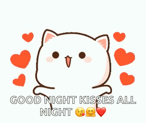 Cartoon Cat Saying Good Night Kisses All Night Hearts