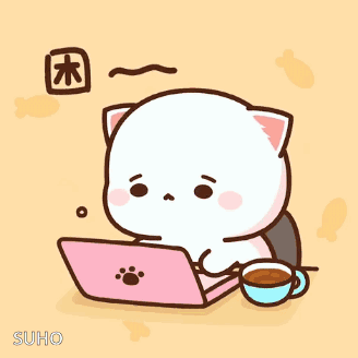 Cartoon Cat Sitting at Desk with Coffee and Laptop