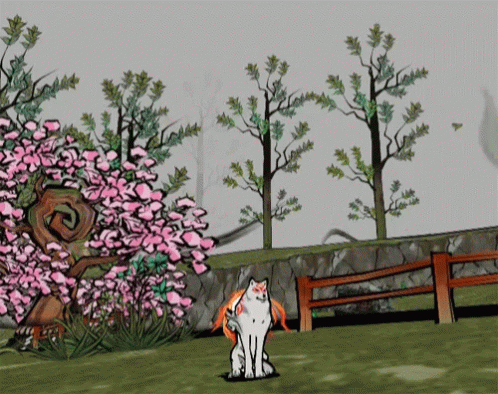 Cartoon Cat Sitting by Fence and Trees