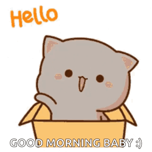 Cartoon Cat Sitting in Cardboard Box Saying Good Morning Baby