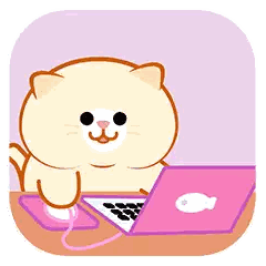 Cartoon Cat Sitting in Front of Pink Laptop