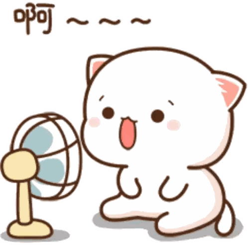 Cartoon Cat Sitting Next to Fan with Chinese Writing