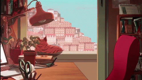 Cartoon Cat Sitting on Desk with Lamp