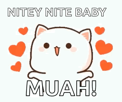 Cartoon Cat Surrounded by Hearts and Nitey Nite Baby Muah