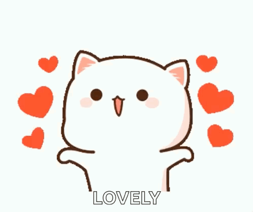 Cartoon Cat Surrounded By Hearts Saying Lovely GIF