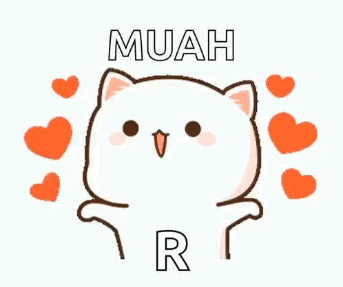 Cartoon Cat Surrounded by Hearts Saying Muah R