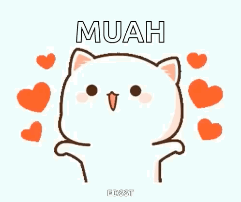 Cartoon Cat Surrounded By Hearts With Text Muah GIF
