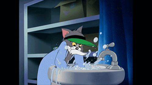 Cartoon Cat Washing Face in Sink