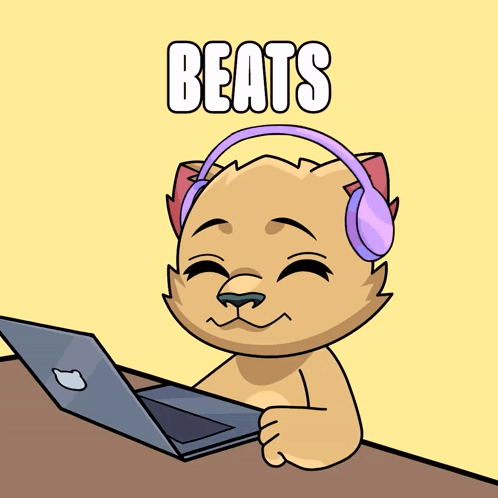 Cartoon Cat Wearing Headphones with Laptop