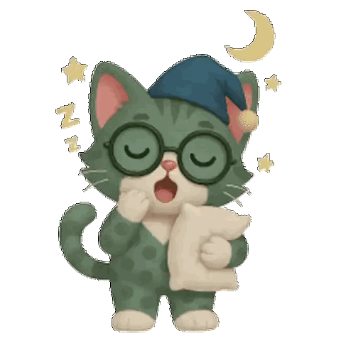 Cartoon Cat Wearing Sleep Hat Holding Pillow