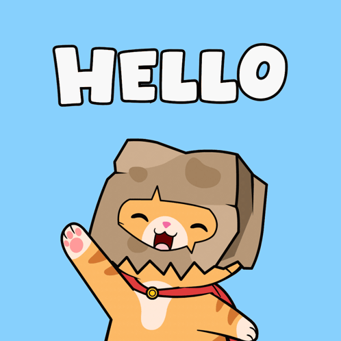 Cartoon Cat with Bag on Head Saying Hello