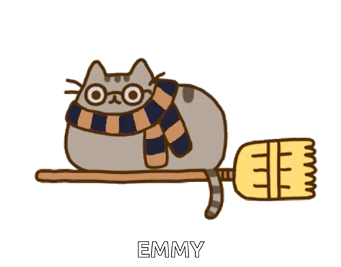 Cartoon Cat with Glasses and Scarf Lying on Broom Emmy