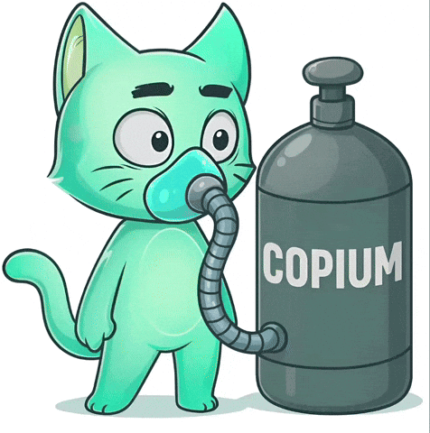Cartoon Cat With Oxygen Mask and Copium Bottle