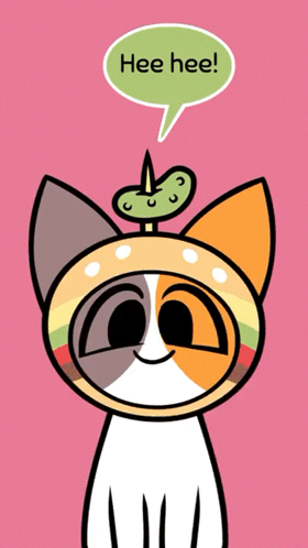 Cartoon Cat With Pickle on Head Saying Hee Hee