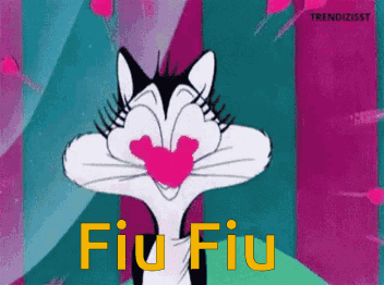 Cartoon Cat With Pink Heart Saying Fiu Fiu