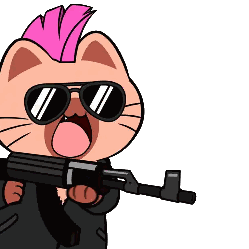 Cartoon Cat with Pink Mohawk and Sunglasses Holding Gun