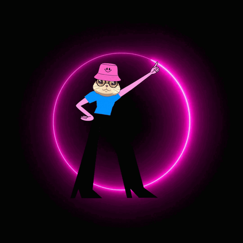 Cartoon Cat with Pink Smiley Hat Pointing