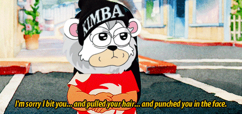 Cartoon Character Apologizing for Biting, Hair Pulling, Punching