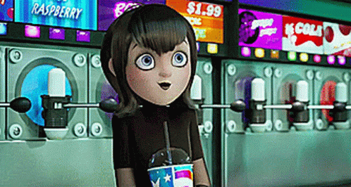 Cartoon Character at Raspberry Soda Machine