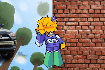 Cartoon Character Beside Brick Wall and Car