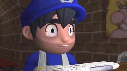Cartoon Character Blue Hat Overalls Holding White Keyboard GIF