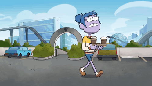 Cartoon Character Carrying Tray With Two Cups of Coffee