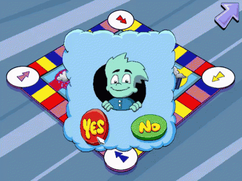 Cartoon Character Chooses Between Yes and No Button