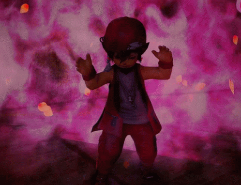 Cartoon Character Dancing in Pink With Purple Glow
