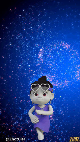 Cartoon Character Dancing in Purple Dress and Heart Sunglasses