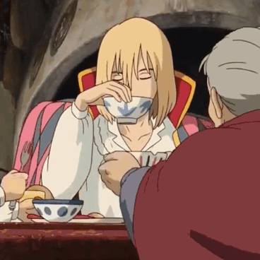 Cartoon Character Drinking From Cup With Blue Arrow GIF