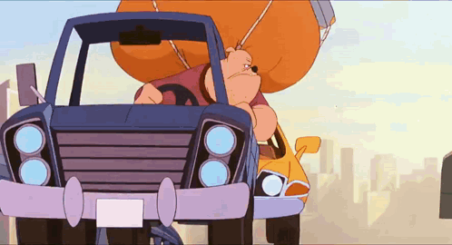 Cartoon Character Driving Car with Bag