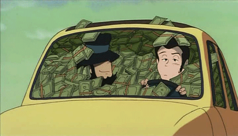 Cartoon Character Driving Money Car GIF