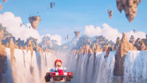 Cartoon Character Driving Red And White Vehicle Near Waterfall GIF