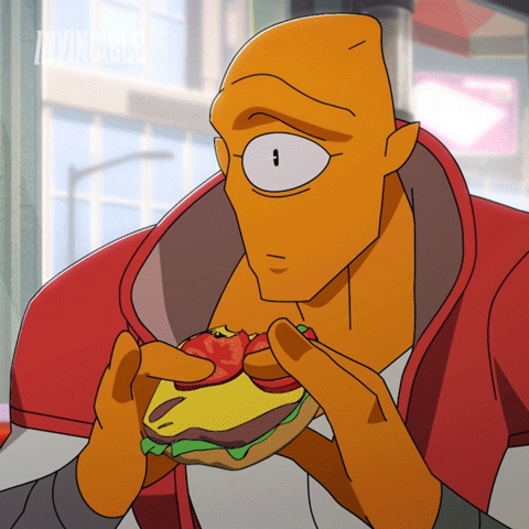 Cartoon Character Eating Hamburger With Tomato GIF