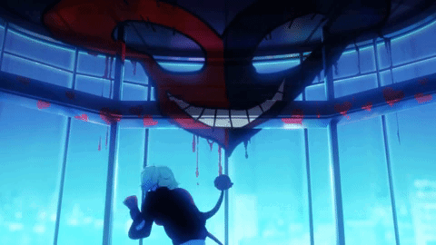 Cartoon Character Facing Blood Dripping Monster GIF