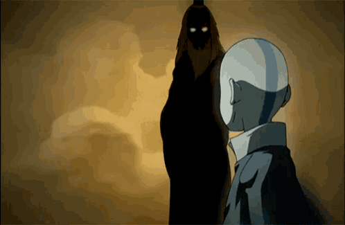 Cartoon Character Facing Shadowy Figure With Glowing Eyes GIF